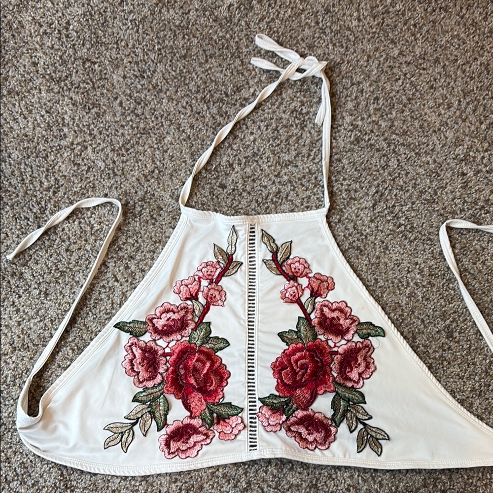 Floral Embroidered Halter Top - White and Red